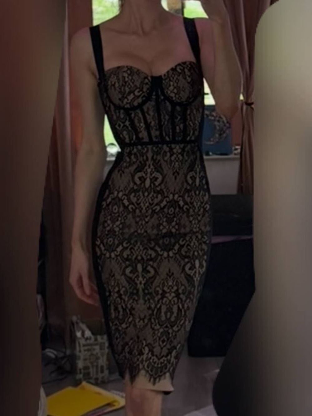 Fashion Nova Black Lace Nude-Underlay Midi Dress